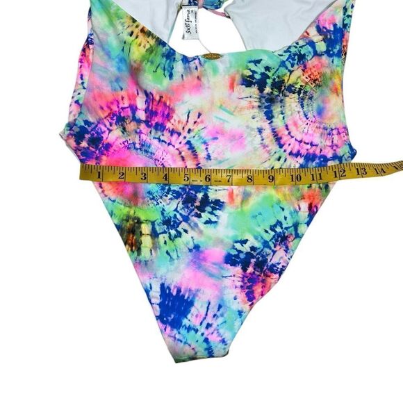 Luli Fama Neon Tie Dye Celestial Dreams Tie Front High Leg One Piece Swimsuit - Picture 13 of 16